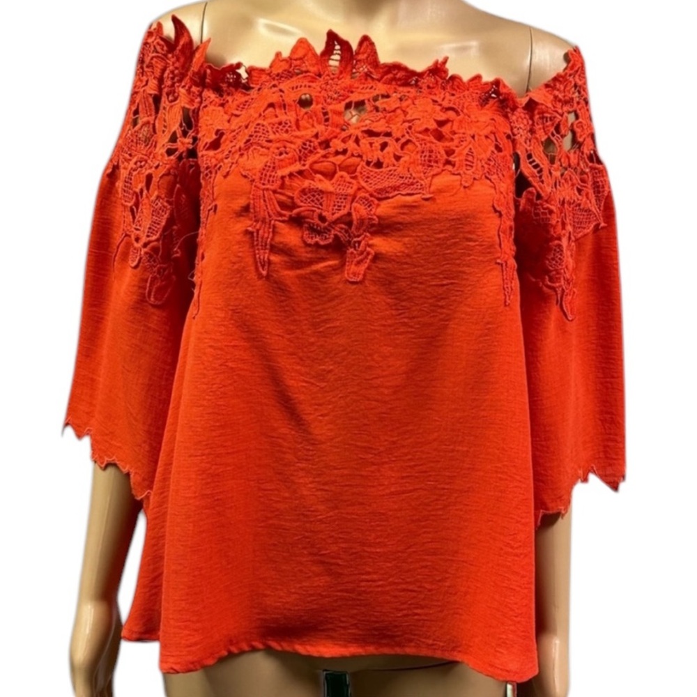 Umgee Red Orange Lace Appliqué Off Shoulder Top Sleeve Detail Womens Small
